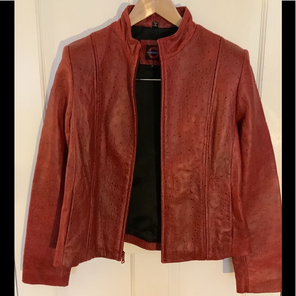 New Red Ostrich Leather Moto Jacket M